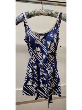 MAINSTREAM 1970s Blue Spandex Swimsuit Nautical Skirt Belted Waist 27 Bust 33 M